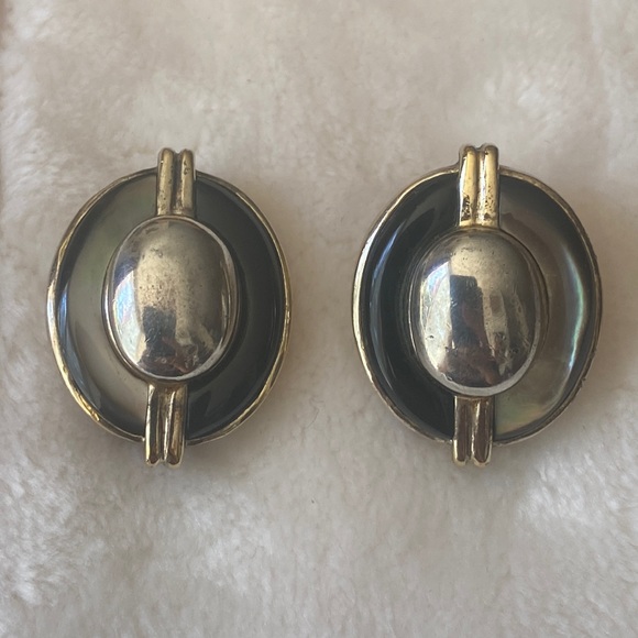 Designer KYL 925 sterling onyx mother of pearl earrings - Picture 1 of 5